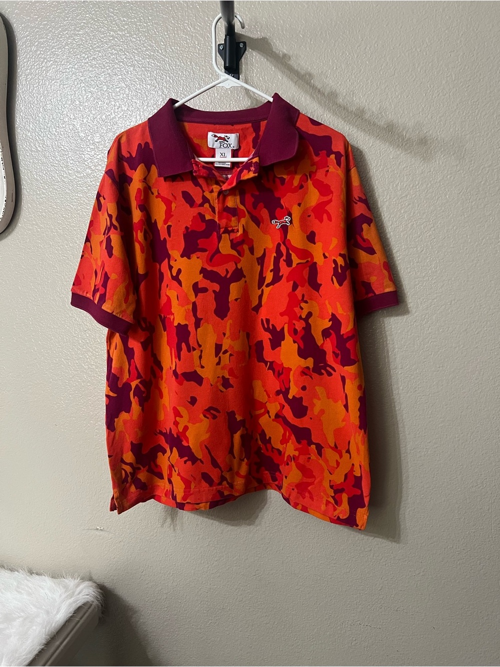 Retro Fox Bold Orange & Burgundy Camo Polo Shirt. Sz- XL. GUC